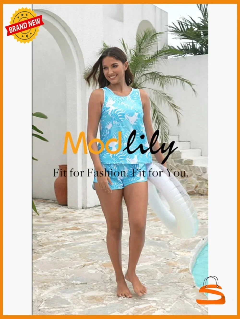 Modest Tankini Set with Board Shorts, Sleeveless Scoop Neck Tank Top, - Picture 7 of 7